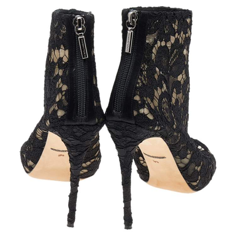 Pre Owned Dolce & Gabbana Black Lace Peep Toe Ankle Length Boots Size 39.5