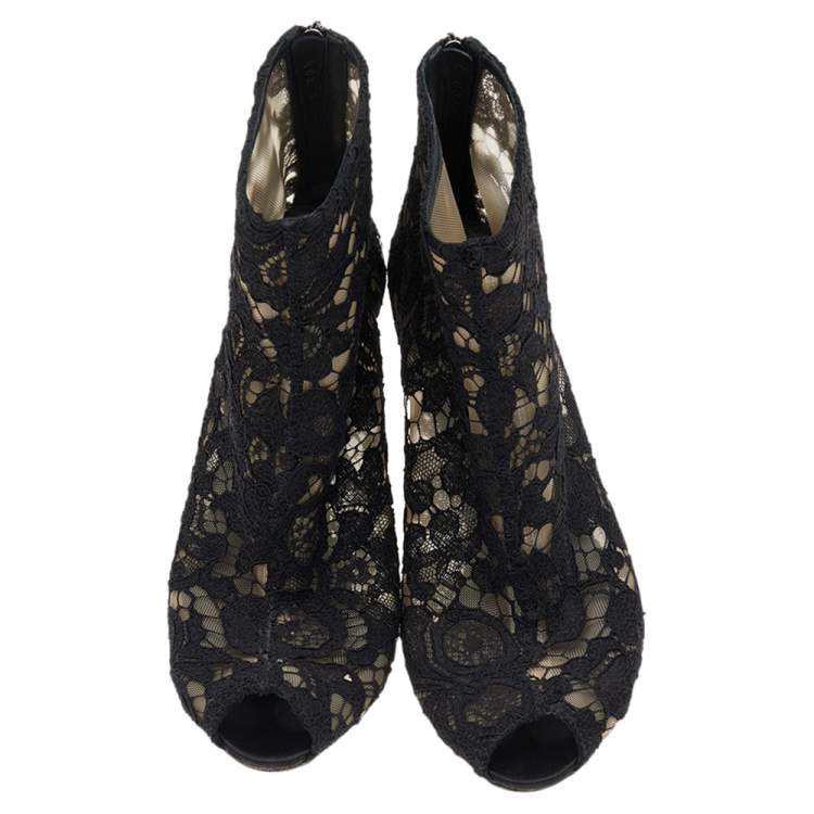 Pre Owned Dolce & Gabbana Black Lace Peep Toe Ankle Length Boots Size 39.5