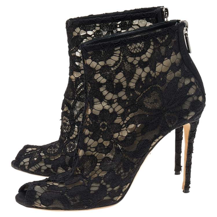 Pre Owned Dolce & Gabbana Black Lace Peep Toe Ankle Length Boots Size 39.5