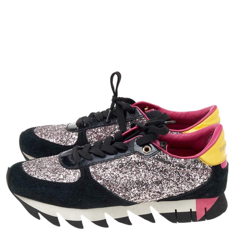 مملوكة مسبقًا Dolce & Gabbana Multicolor Patent Leather, Glitter, And Suede Low Top Sneakers Size 38
