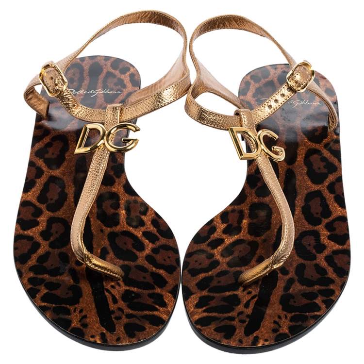 Pre Owned Dolce & Gabbana Gold Leopard Print Leather T Strap Thong Flats Size 38
