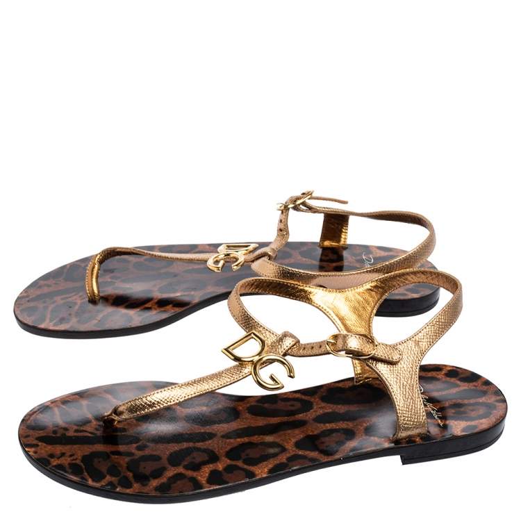 Pre Owned Dolce & Gabbana Gold Leopard Print Leather T Strap Thong Flats Size 38