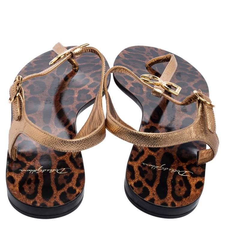 Pre Owned Dolce & Gabbana Gold Leopard Print Leather T Strap Thong Flats Size 38