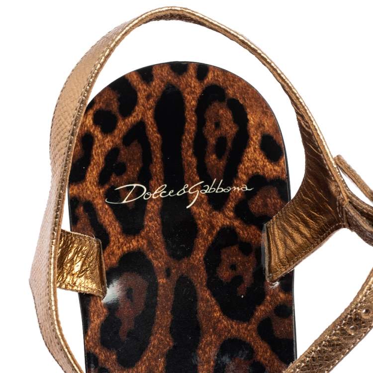 Pre Owned Dolce & Gabbana Gold Leopard Print Leather T Strap Thong Flats Size 38