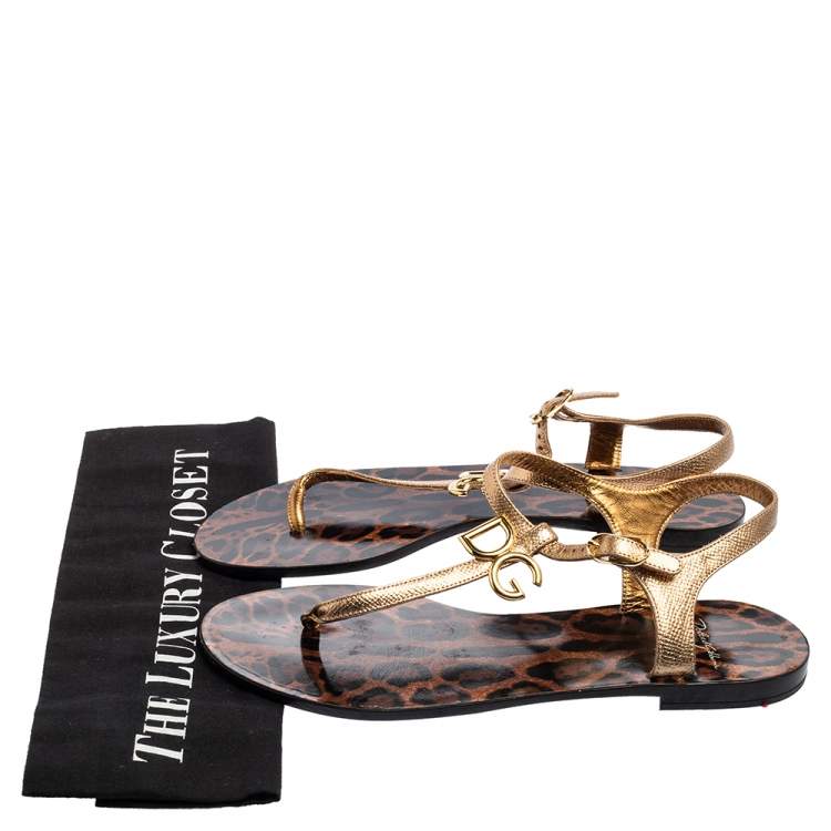 Pre Owned Dolce & Gabbana Gold Leopard Print Leather T Strap Thong Flats Size 38