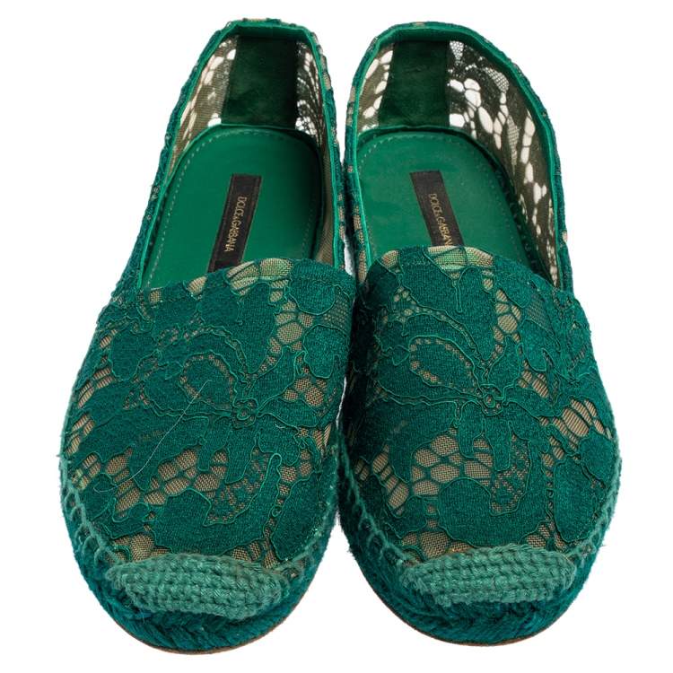 Pre Owned Dolce & Gabbana Green Floral Lace and Mesh Espadrille Flats Size 37