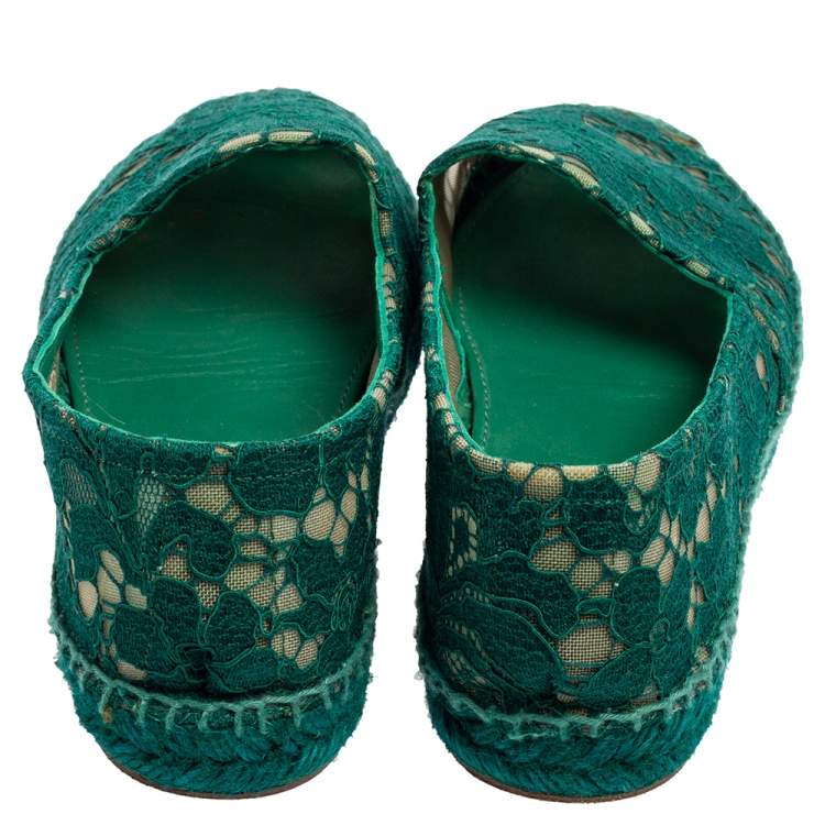 Pre Owned Dolce & Gabbana Green Floral Lace and Mesh Espadrille Flats Size 37