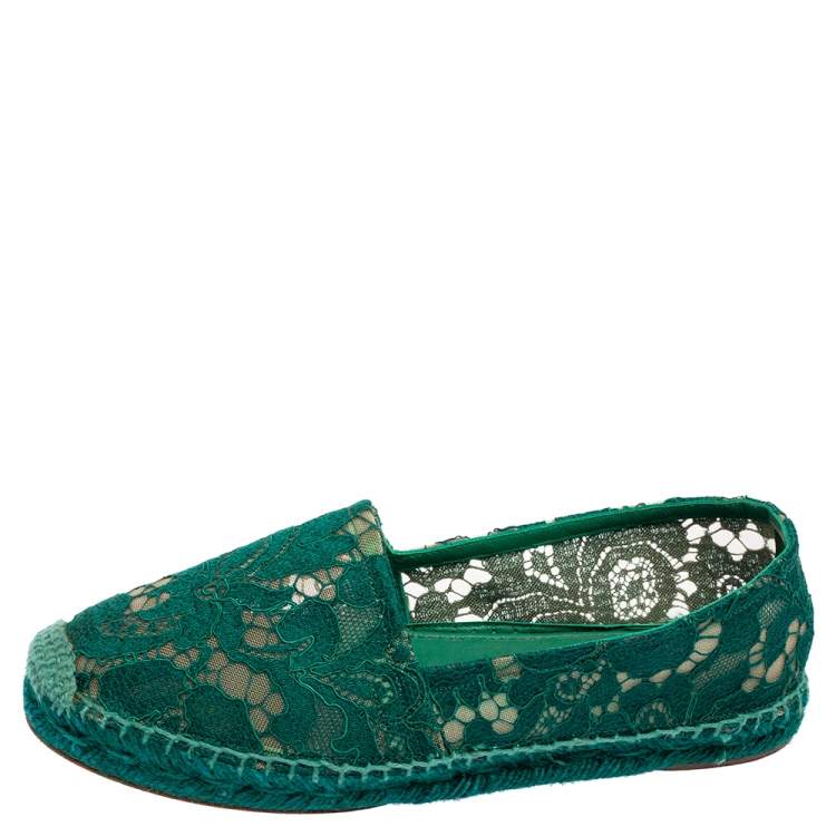 Pre Owned Dolce & Gabbana Green Floral Lace and Mesh Espadrille Flats Size 37