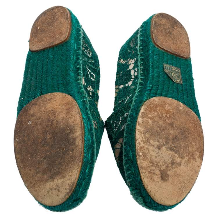 Pre Owned Dolce & Gabbana Green Floral Lace and Mesh Espadrille Flats Size 37