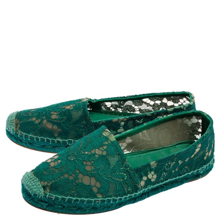 Pre Owned Dolce & Gabbana Green Floral Lace and Mesh Espadrille Flats Size 37