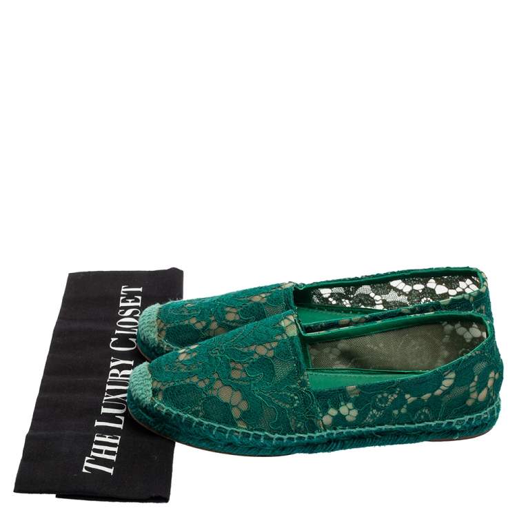 Pre Owned Dolce & Gabbana Green Floral Lace and Mesh Espadrille Flats Size 37