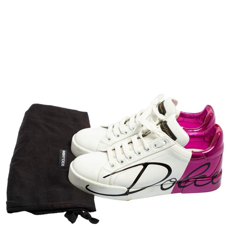 مملوكة مسبقًا Dolce & Gabbana White/Purple Leather Portofino Low Top Sneakers Size 37.5