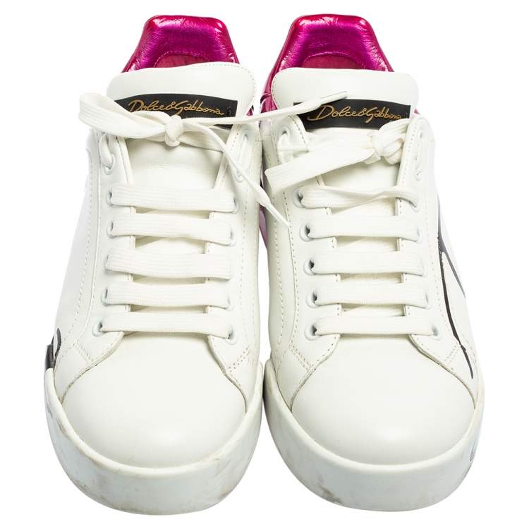مملوكة مسبقًا Dolce & Gabbana White/Purple Leather Portofino Low Top Sneakers Size 37.5