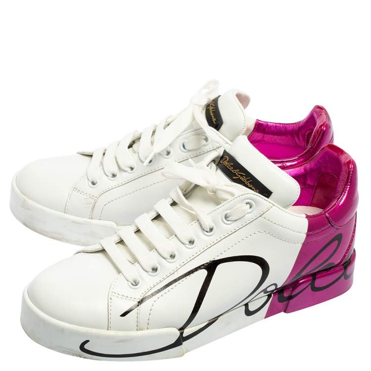 مملوكة مسبقًا Dolce & Gabbana White/Purple Leather Portofino Low Top Sneakers Size 37.5