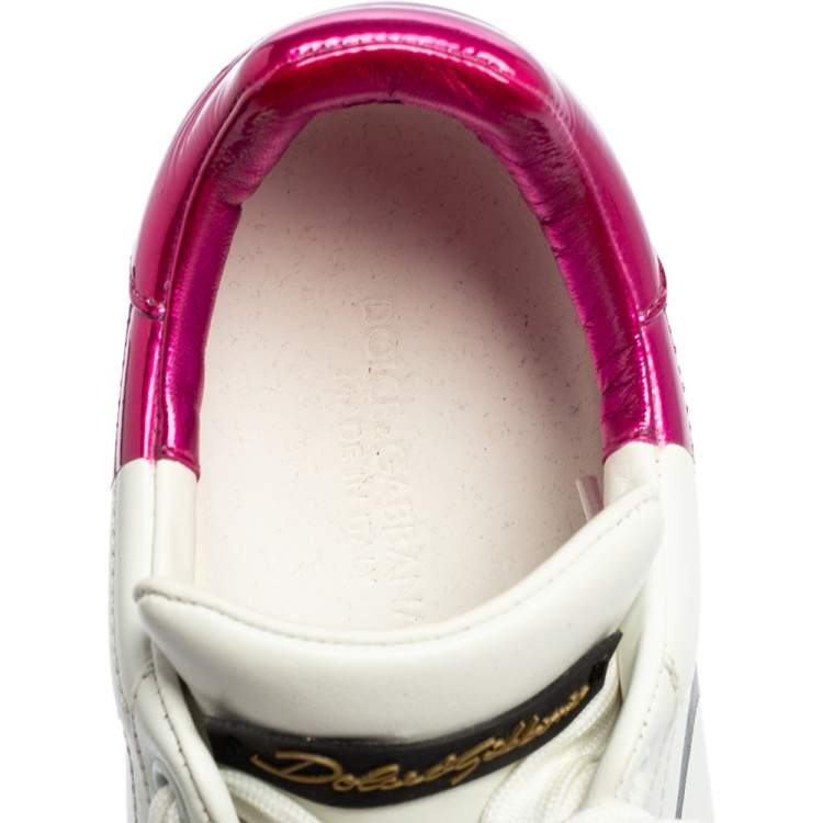 مملوكة مسبقًا Dolce & Gabbana White/Purple Leather Portofino Low Top Sneakers Size 37.5