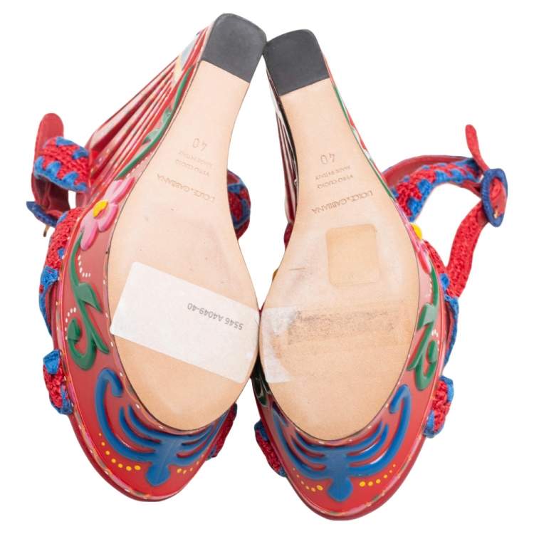 Pre Owned Dolce & Gabbana Multicolor Woven Raffia Carretto Print Platform Wedge Sandals Size 40