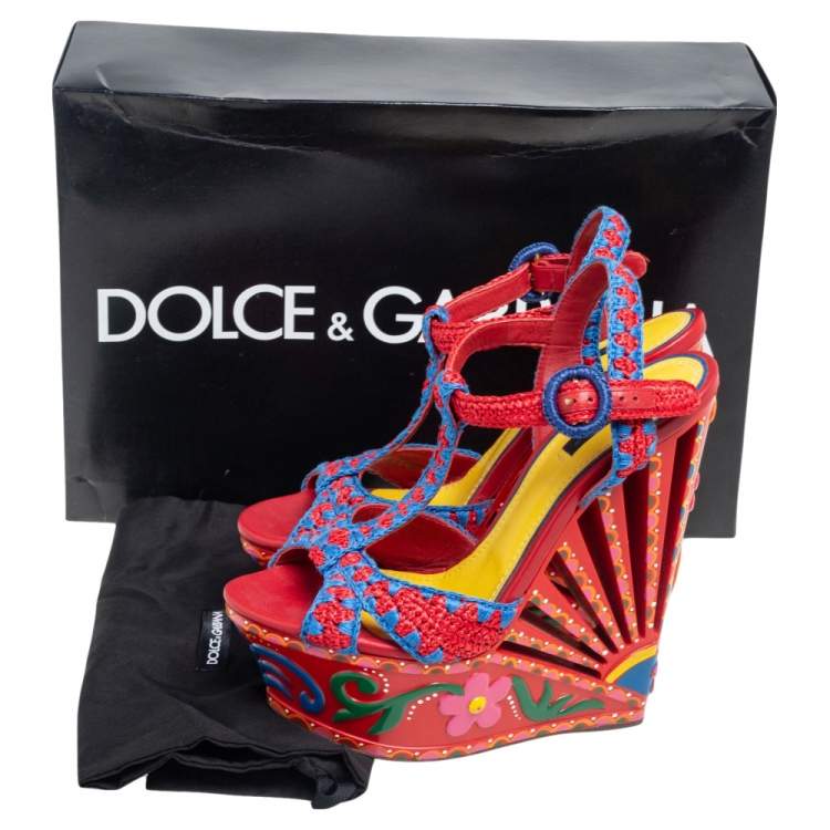 Pre Owned Dolce & Gabbana Multicolor Woven Raffia Carretto Print Platform Wedge Sandals Size 40