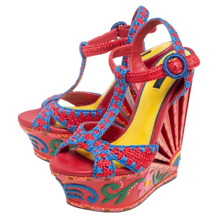 Pre Owned Dolce & Gabbana Multicolor Woven Raffia Carretto Print Platform Wedge Sandals Size 40