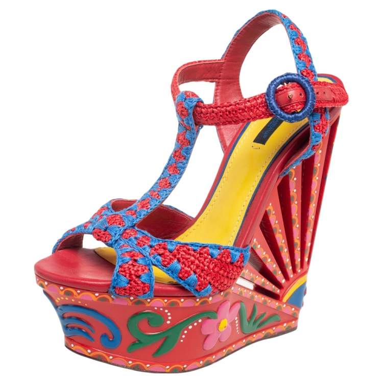 Pre Owned Dolce & Gabbana Multicolor Woven Raffia Carretto Print Platform Wedge Sandals Size 40