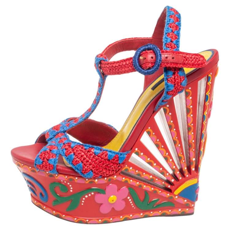 Pre Owned Dolce & Gabbana Multicolor Woven Raffia Carretto Print Platform Wedge Sandals Size 40