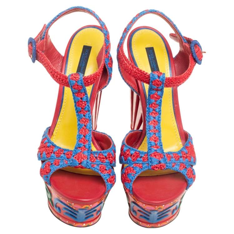 Pre Owned Dolce & Gabbana Multicolor Woven Raffia Carretto Print Platform Wedge Sandals Size 40
