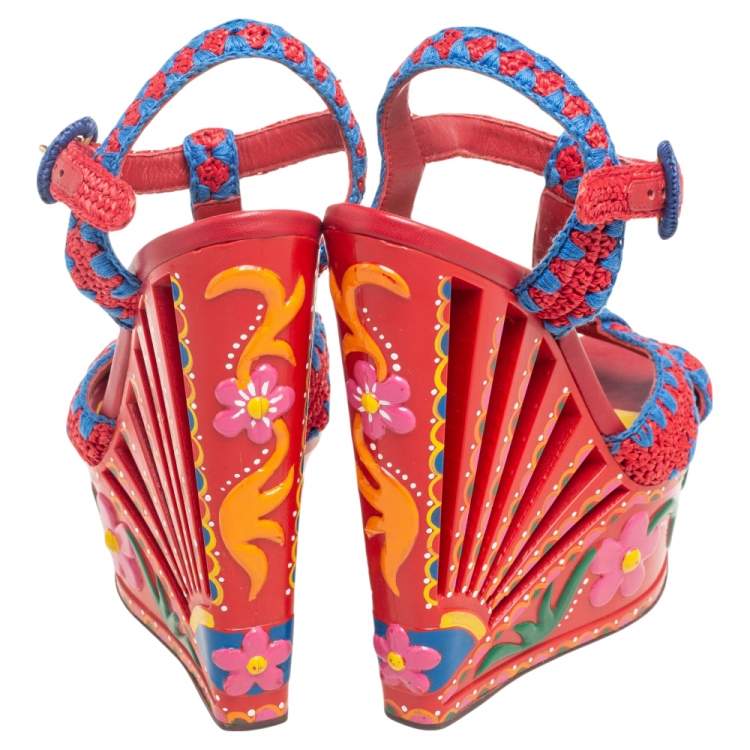 Pre Owned Dolce & Gabbana Multicolor Woven Raffia Carretto Print Platform Wedge Sandals Size 40