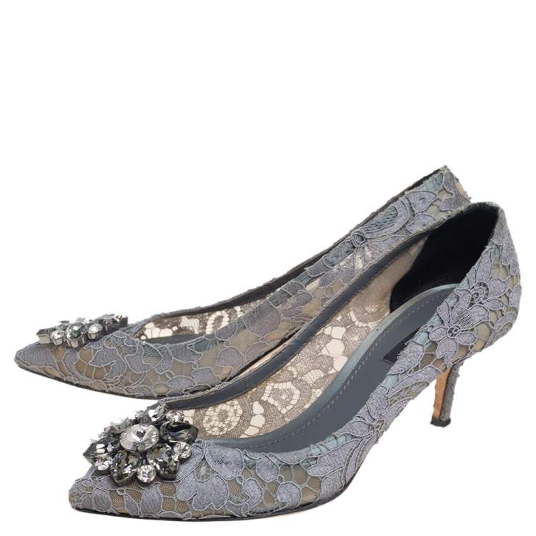 Pre Owned Dolce & Gabbana Lace Bellucci Crystal Embellished Pointed Toe Pumps Size 38