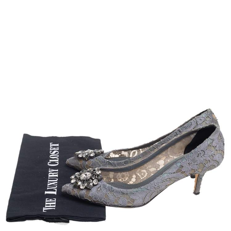 Pre Owned Dolce & Gabbana Lace Bellucci Crystal Embellished Pointed Toe Pumps Size 38
