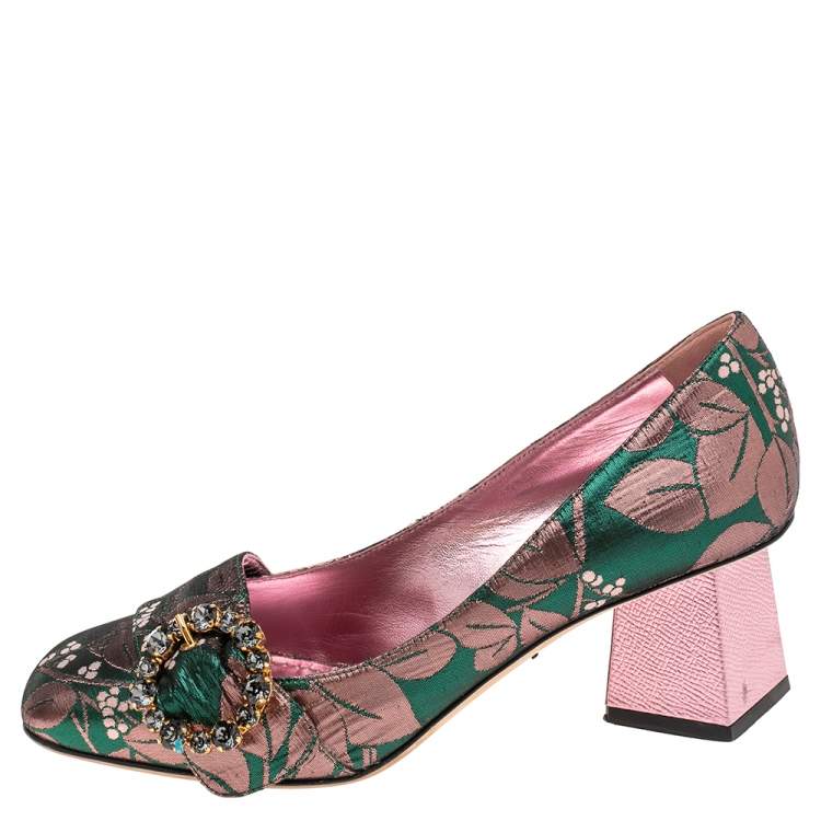 Pre Owned Dolce & Gabbana Green/Pink Brocade Fabric Embellished Block Heel Pumps Size 37