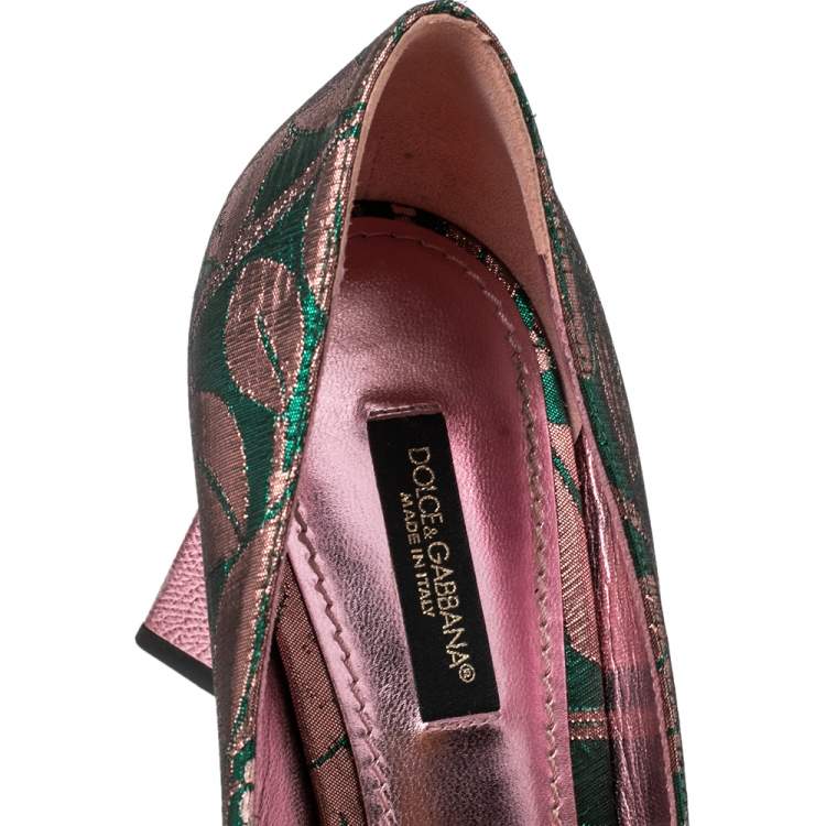 Pre Owned Dolce & Gabbana Green/Pink Brocade Fabric Embellished Block Heel Pumps Size 37