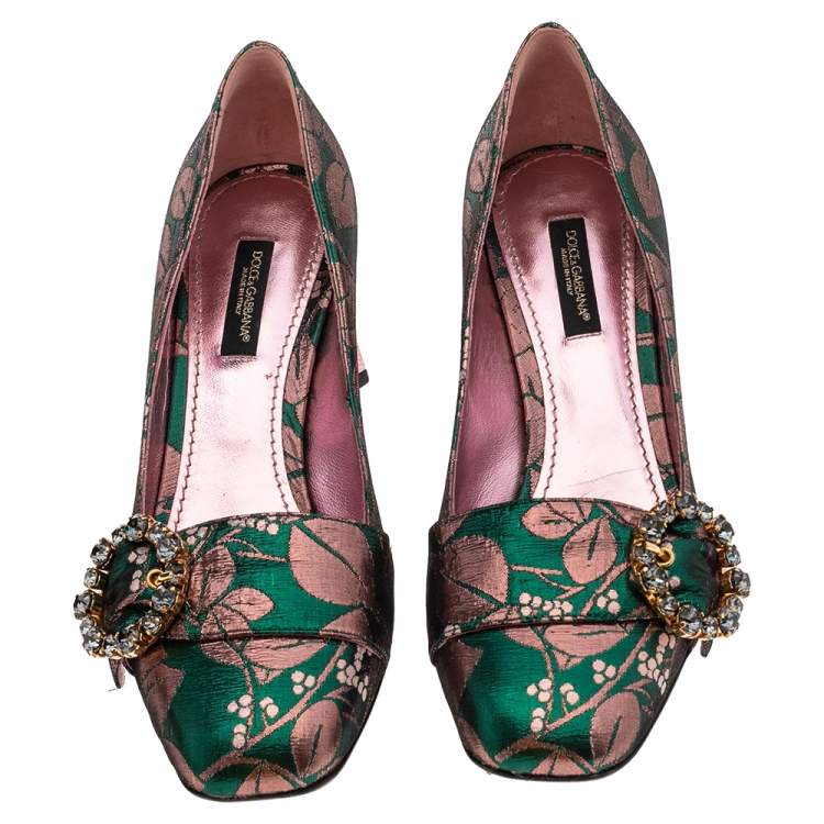 Pre Owned Dolce & Gabbana Green/Pink Brocade Fabric Embellished Block Heel Pumps Size 37