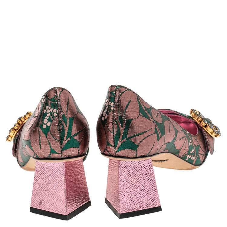 Pre Owned Dolce & Gabbana Green/Pink Brocade Fabric Embellished Block Heel Pumps Size 37