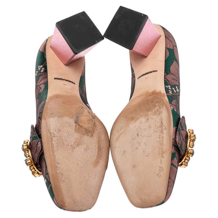Pre Owned Dolce & Gabbana Green/Pink Brocade Fabric Embellished Block Heel Pumps Size 37