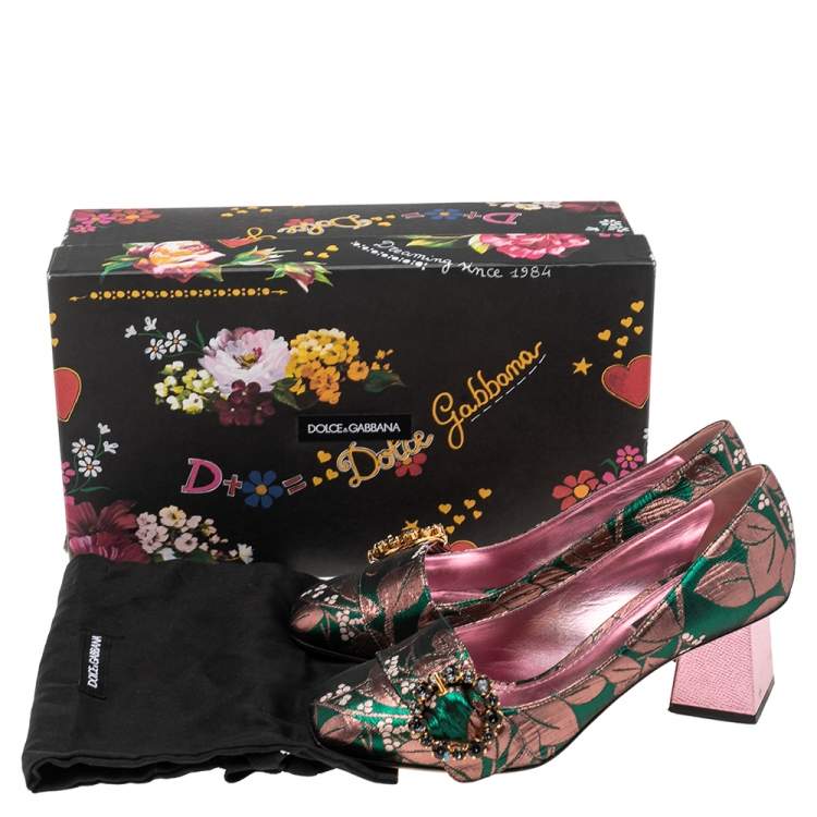 Pre Owned Dolce & Gabbana Green/Pink Brocade Fabric Embellished Block Heel Pumps Size 37