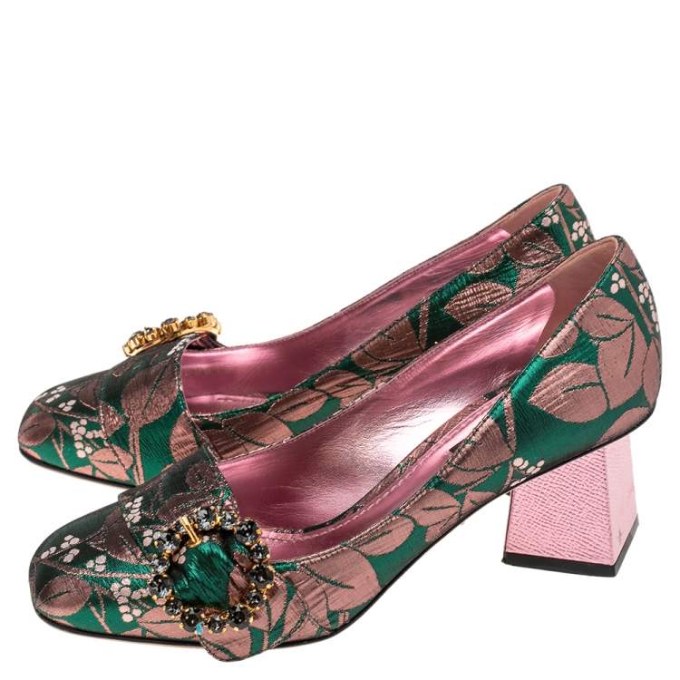 Pre Owned Dolce & Gabbana Green/Pink Brocade Fabric Embellished Block Heel Pumps Size 37