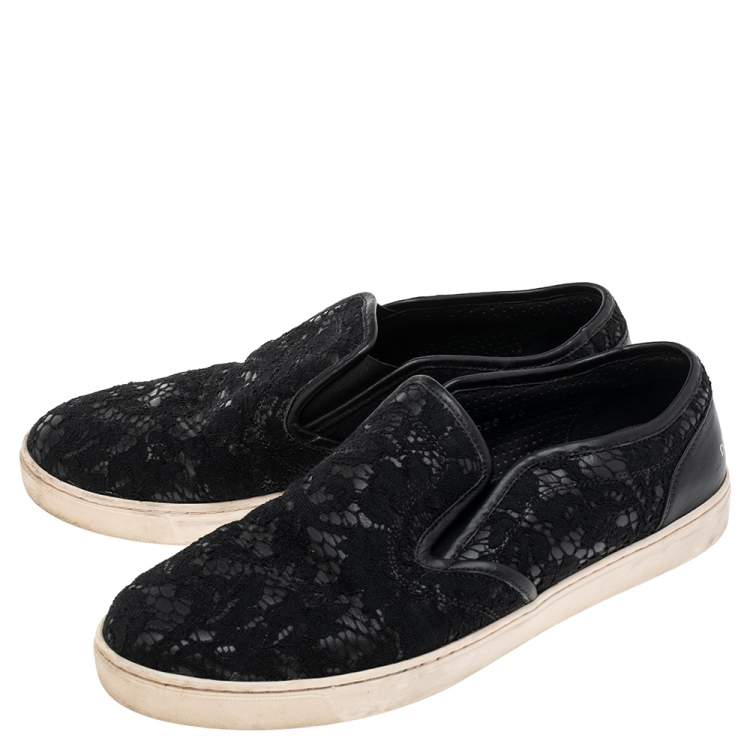 مملوكة مسبقًا Dolce & Gabbana Black Lace and Leather Slip On Sneakers Size 40