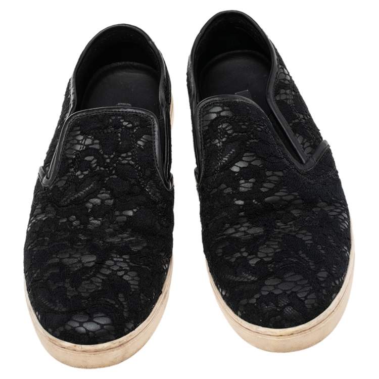 مملوكة مسبقًا Dolce & Gabbana Black Lace and Leather Slip On Sneakers Size 40