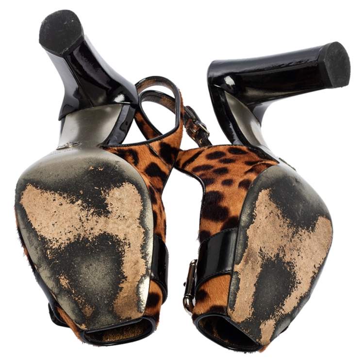 Pre Owned Dolce & Gabbana Brown/Black Leopard Calf Hair and Patent Leather Buckle Slingback Pumps Size 37.5