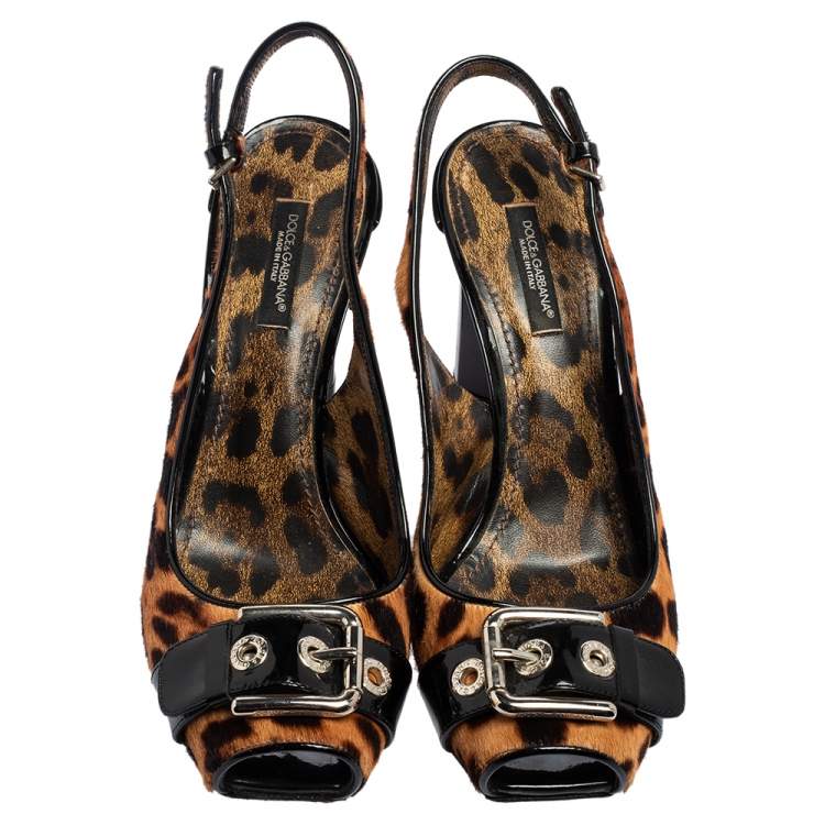 Pre Owned Dolce & Gabbana Brown/Black Leopard Calf Hair and Patent Leather Buckle Slingback Pumps Size 37.5