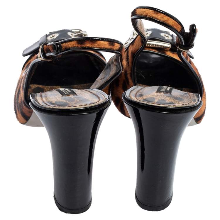 Pre Owned Dolce & Gabbana Brown/Black Leopard Calf Hair and Patent Leather Buckle Slingback Pumps Size 37.5