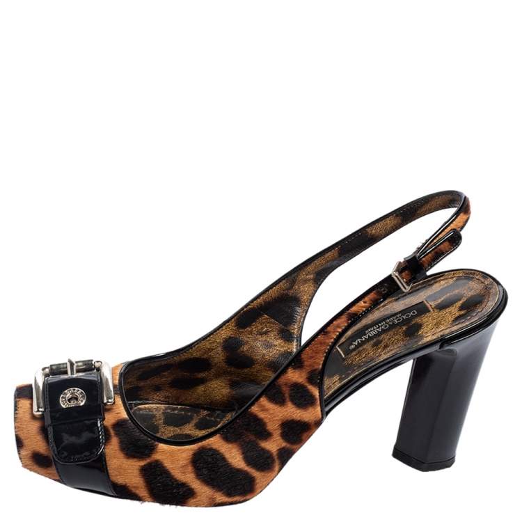 Pre Owned Dolce & Gabbana Brown/Black Leopard Calf Hair and Patent Leather Buckle Slingback Pumps Size 37.5
