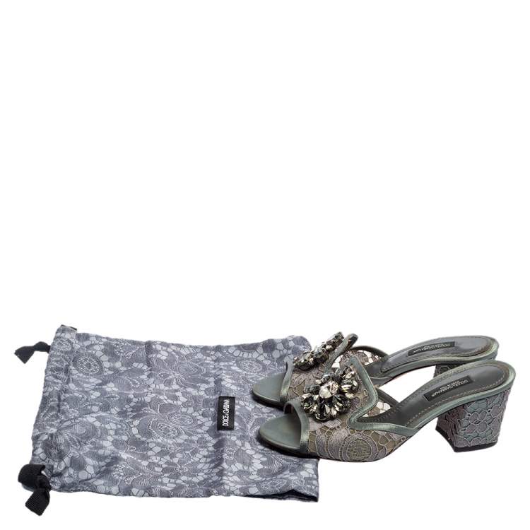 Pre Owned Dolce&Gabbana Grey Lace Sofia Crystal Embellished Slides Size 35