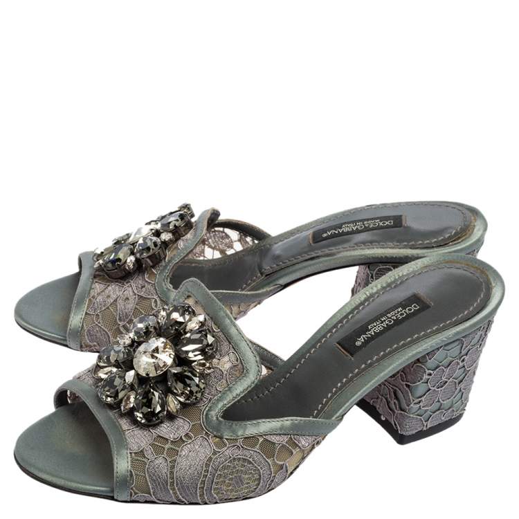 Pre Owned Dolce&Gabbana Grey Lace Sofia Crystal Embellished Slides Size 35