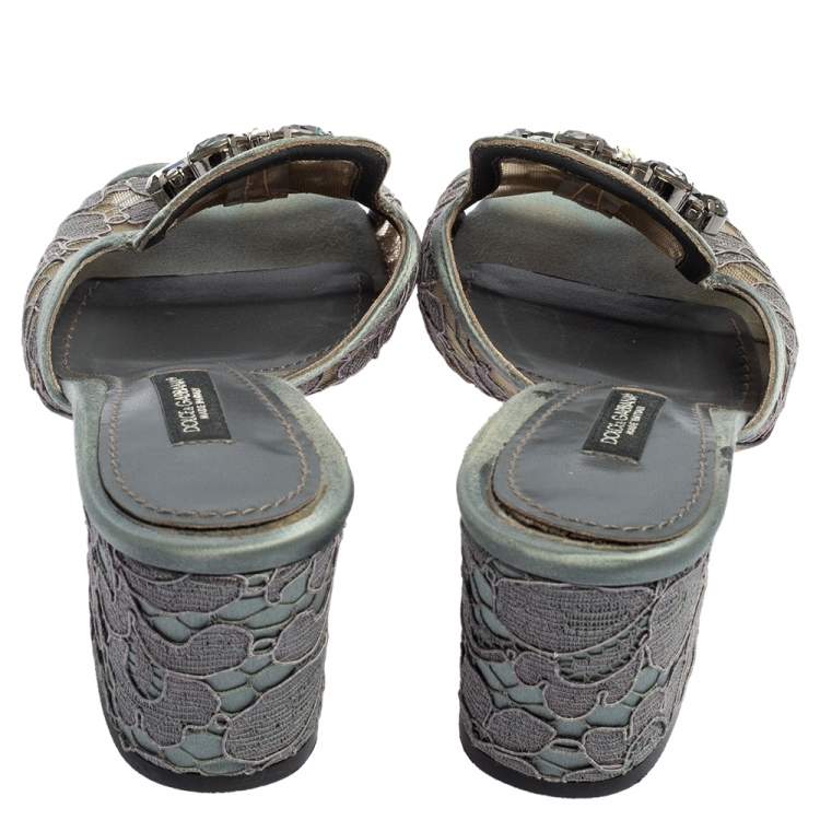 Pre Owned Dolce&Gabbana Grey Lace Sofia Crystal Embellished Slides Size 35