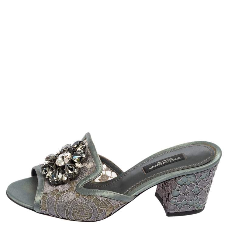 Pre Owned Dolce&Gabbana Grey Lace Sofia Crystal Embellished Slides Size 35