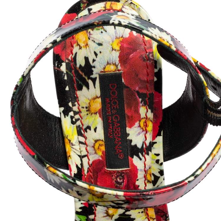Pre Owned Dolce & Gabbana Multicolor Patent Leather Flower Print Ankle Strap Sandals Size 35