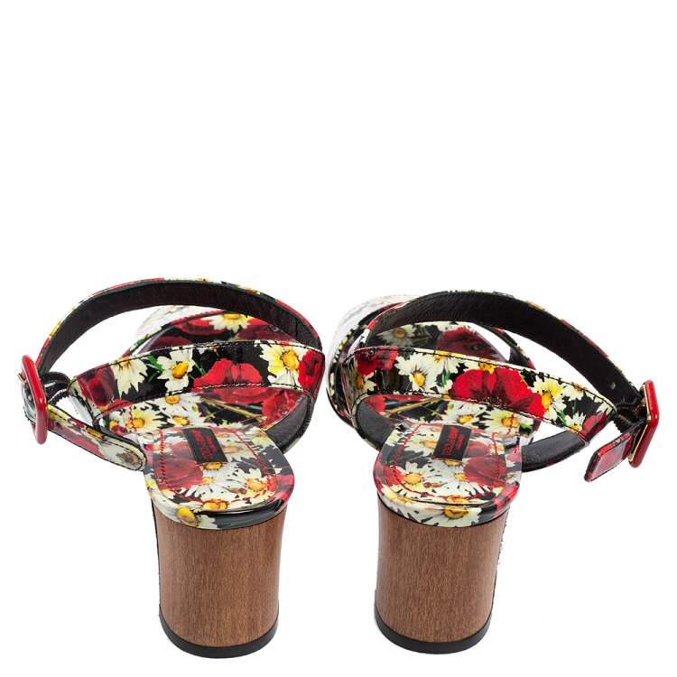Pre Owned Dolce & Gabbana Multicolor Patent Leather Flower Print Ankle Strap Sandals Size 35