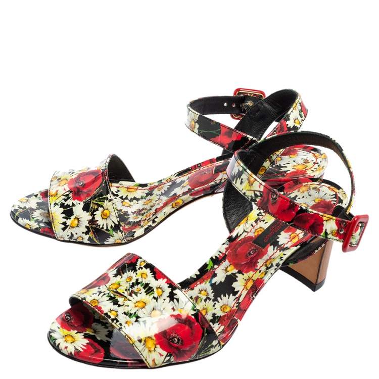 Pre Owned Dolce & Gabbana Multicolor Patent Leather Flower Print Ankle Strap Sandals Size 35