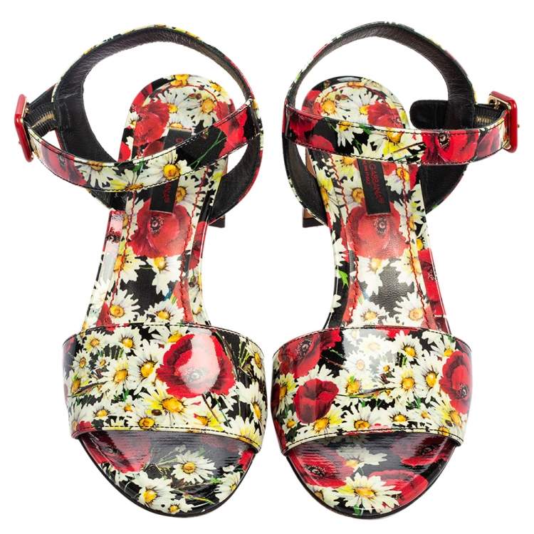 Pre Owned Dolce & Gabbana Multicolor Patent Leather Flower Print Ankle Strap Sandals Size 35