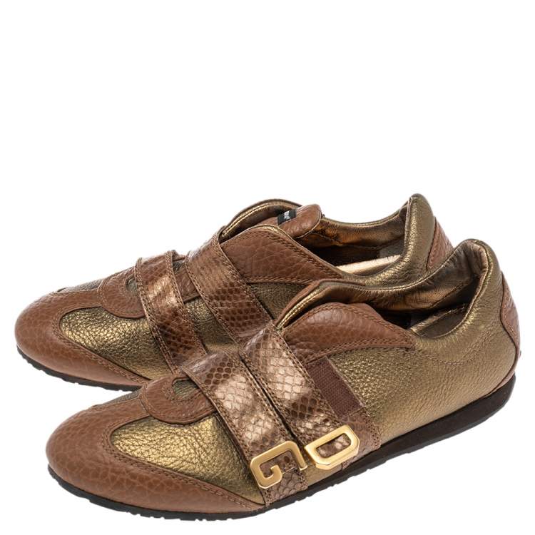 Pre Owned Dolce & Gabbana Brown/Gold Python Embossed Leather Low Top Sneakers Size 39